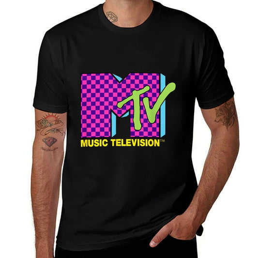 MTV Music Television Retro 80's Neon Pink Checkerboard Logo  Breathable T-Shirt