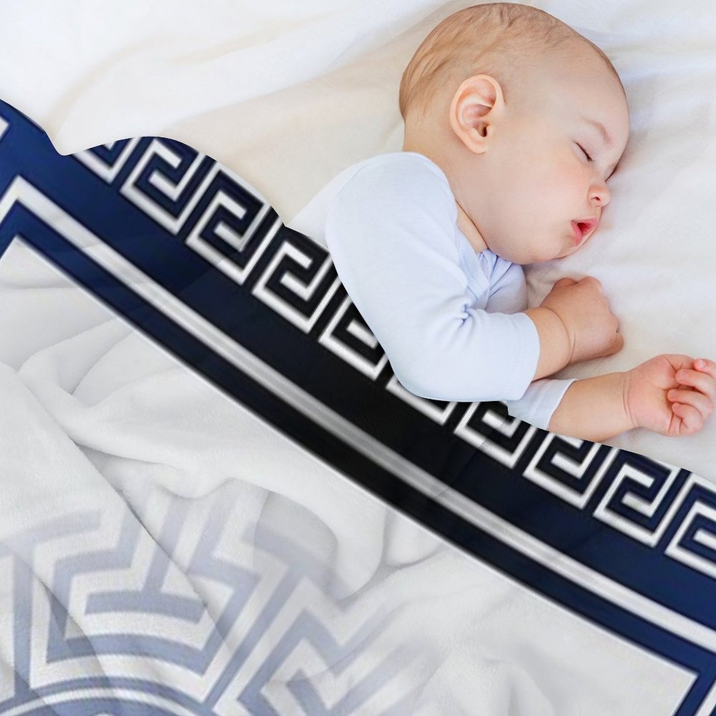 Greek Key Meander Blue White Silver Throw Blanket