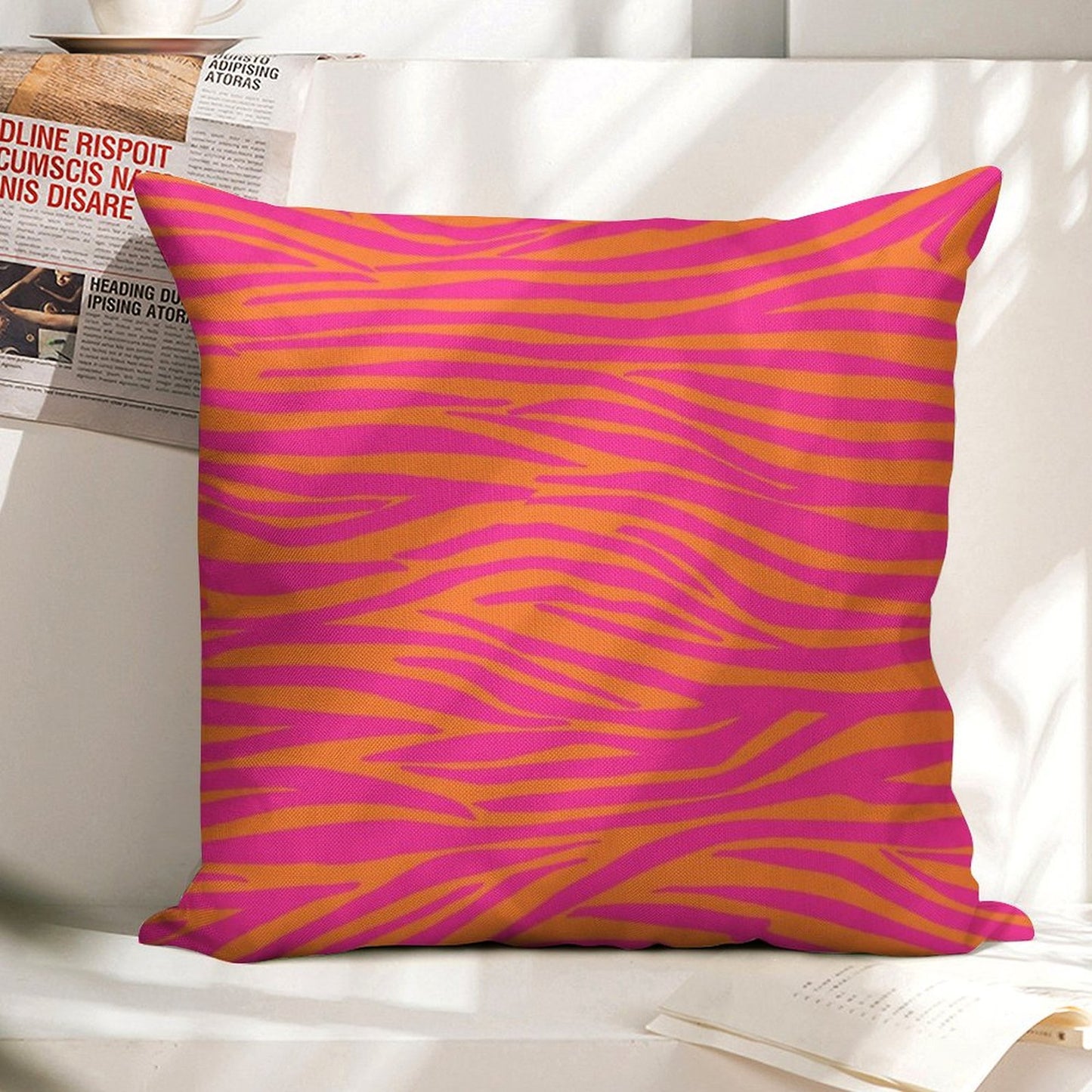 Pink And Orange Zebra Stripes Linen Throw Pillow Cover