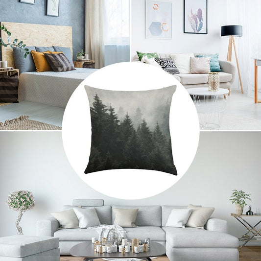 Waiting For  Misty Foggy Fairytale Forest With Cascadia Trees Covered In Magic Fog Linen Throw Pillow Cover