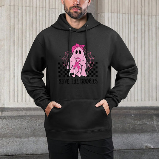Save The Boobies Funny Breast Cancer Ribbon Halloween Ghost Kangaroo Pocket Hoodie