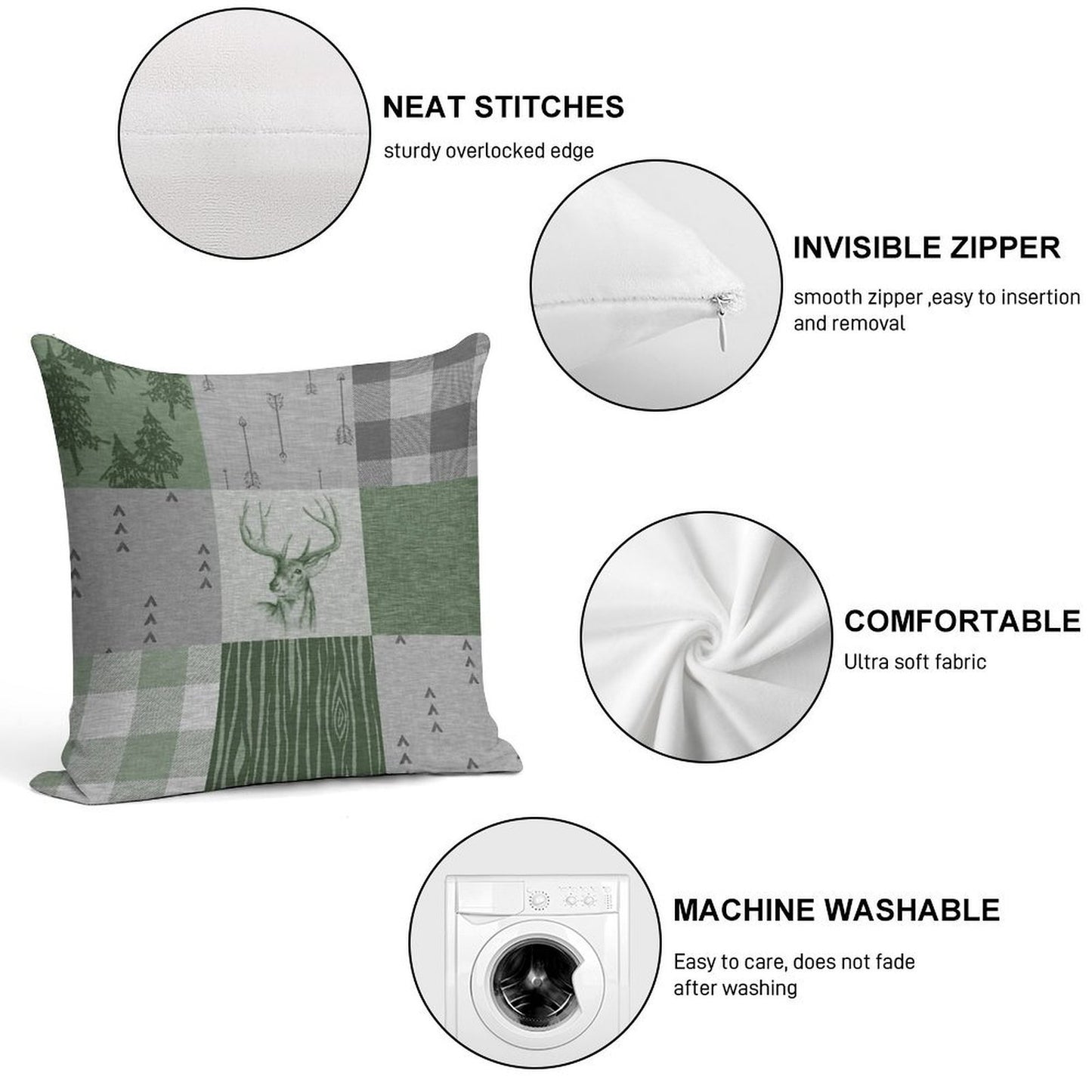 Rustic Deer Patchwork - GreenGrey Soft Fade-Resistant Throw Pillow