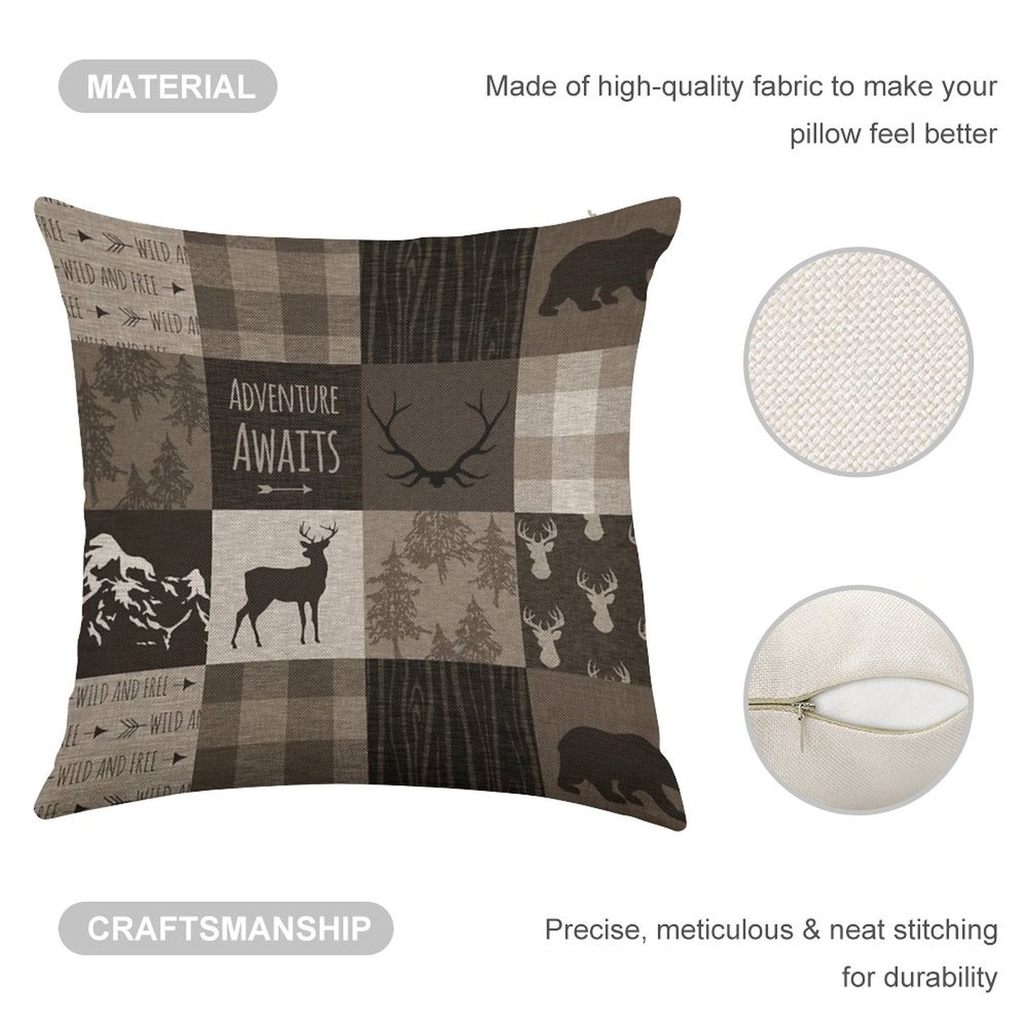 Adventure Patchwork - BrownBeige Linen Throw Pillow Cover