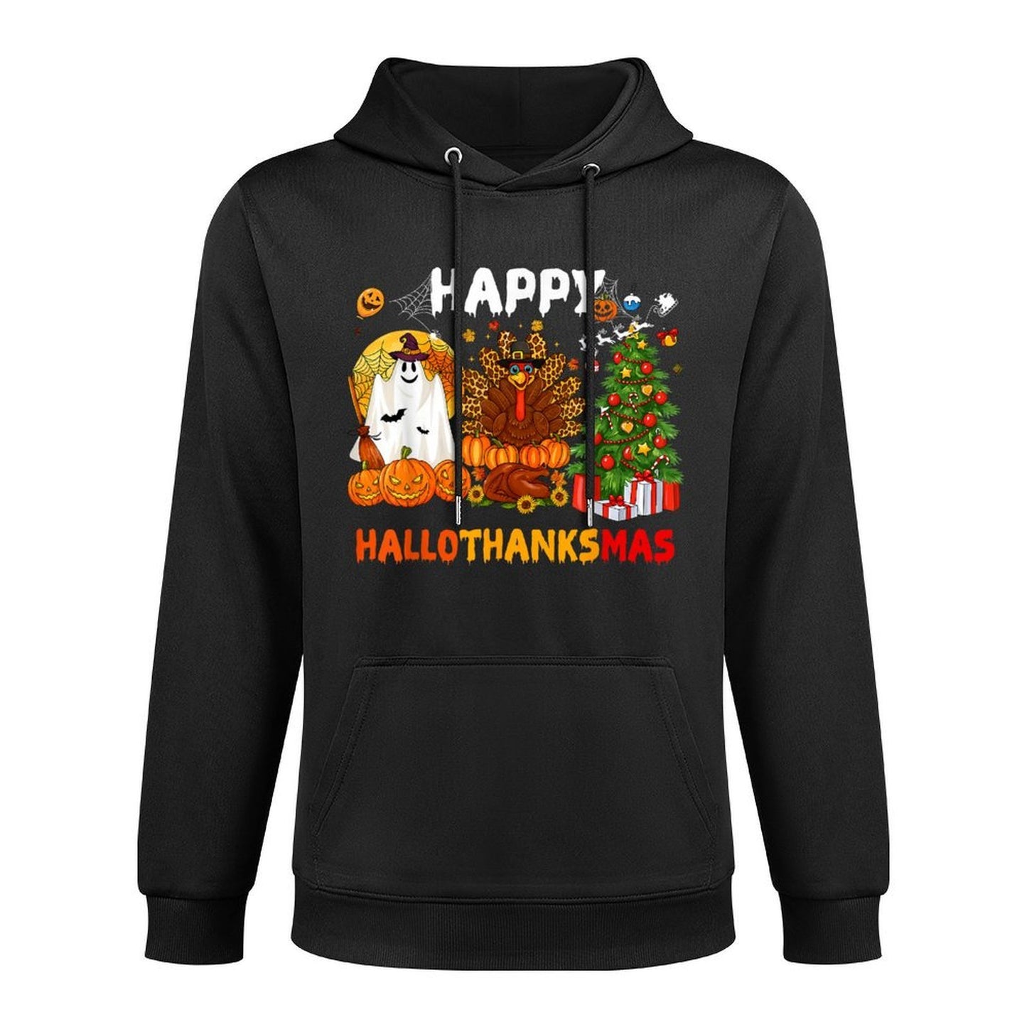 Retro Happy Hallothanksmas Halloween Thanksgiving Christmas Medium-Weight Fabric Hoodie