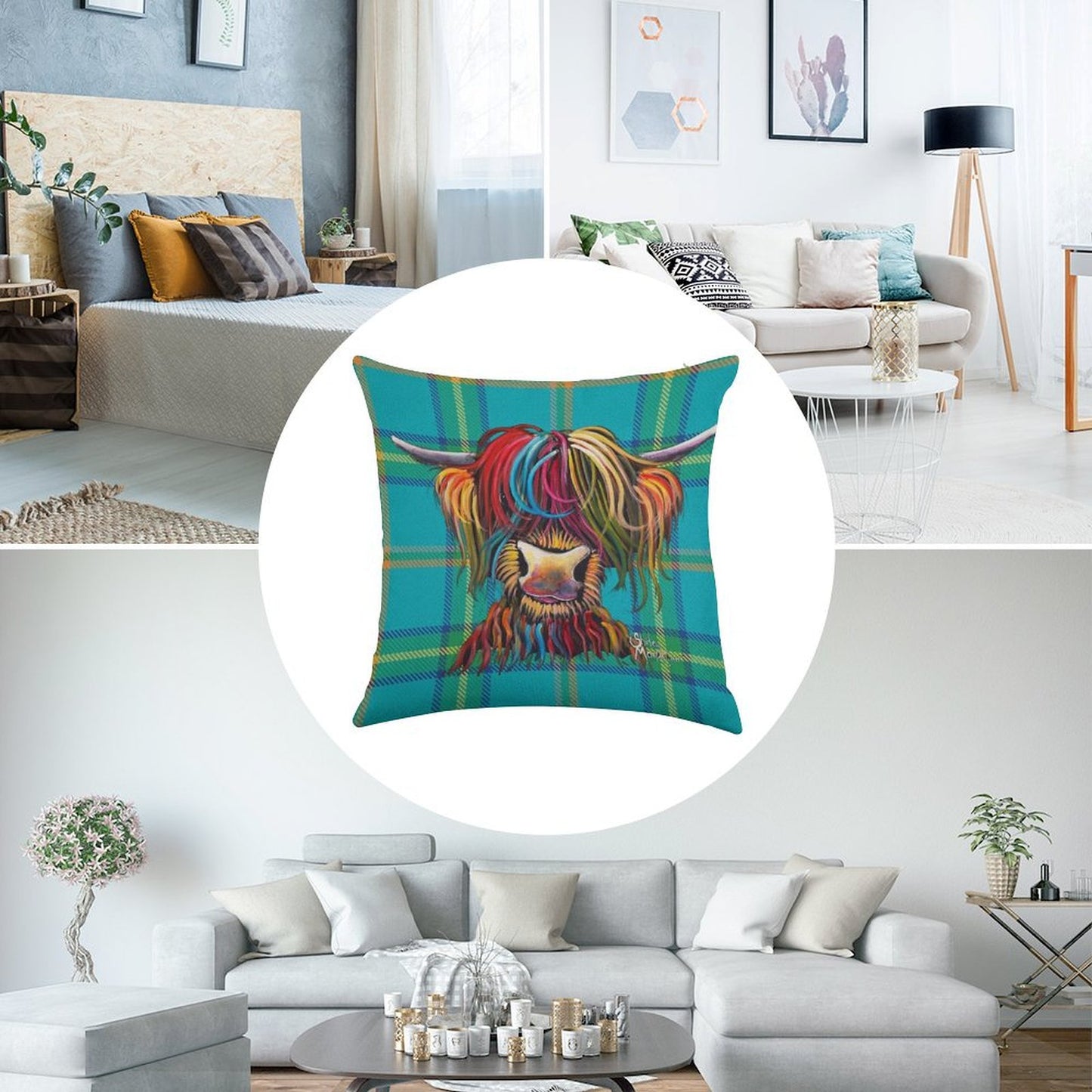 SCoTTiSH HiGHLaND CoW ' TaRTaN NeLLY B ' by SHiRLeY MacARTHuR Linen Throw Pillow Cover
