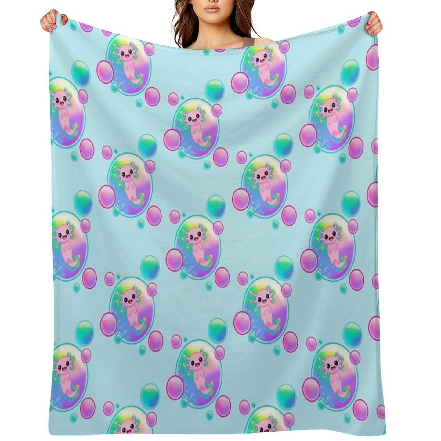 Kawaii Axolotl with Bubbles Throw Blanket