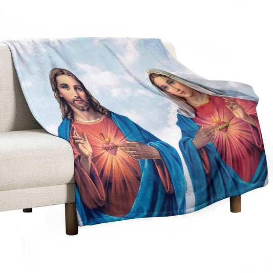 Sacred And Immaculate Hearts (Jesus And Mary) with Sky Background Throw Blanket