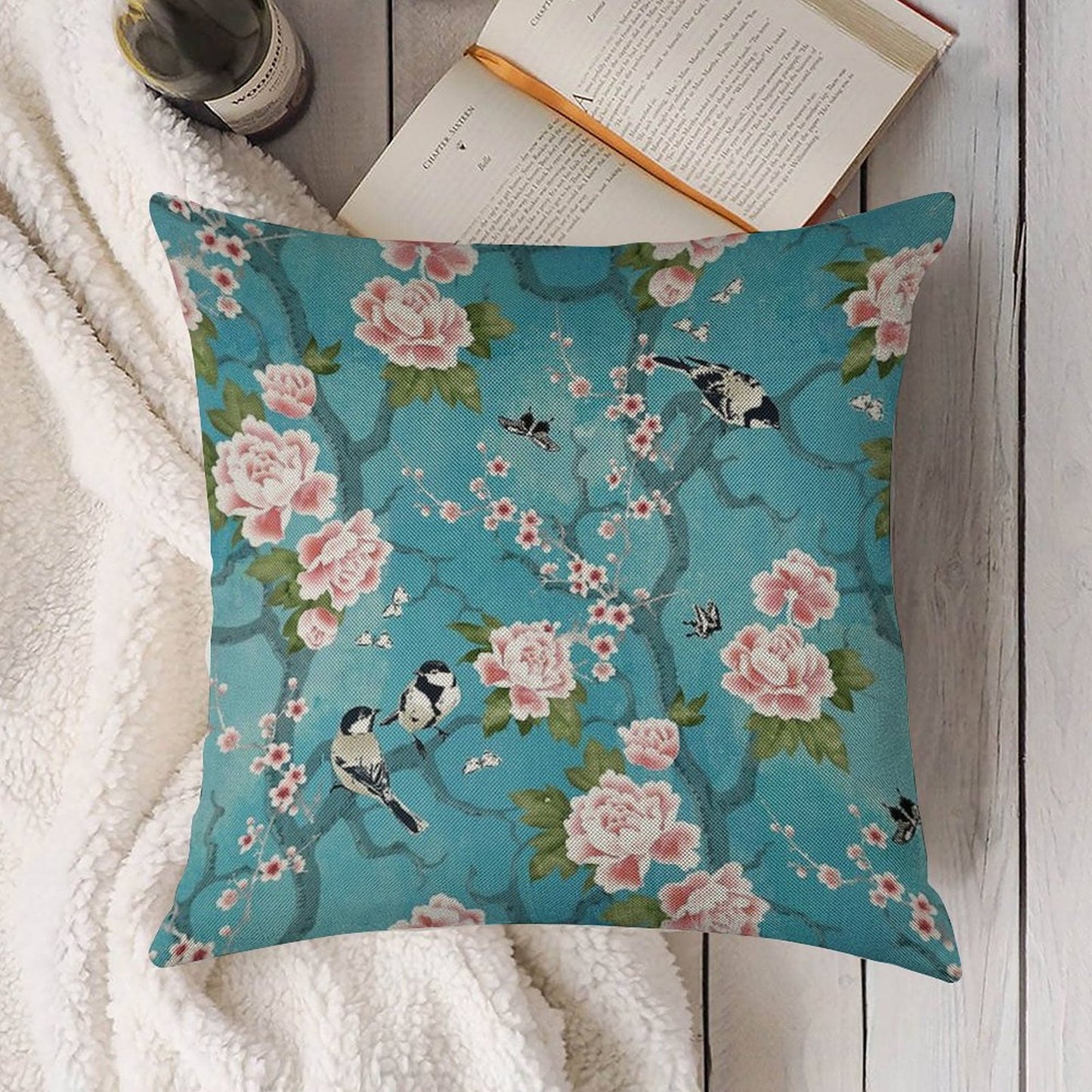 Chinoiserie Birds in Turquoise Blue Linen Throw Pillow Cover