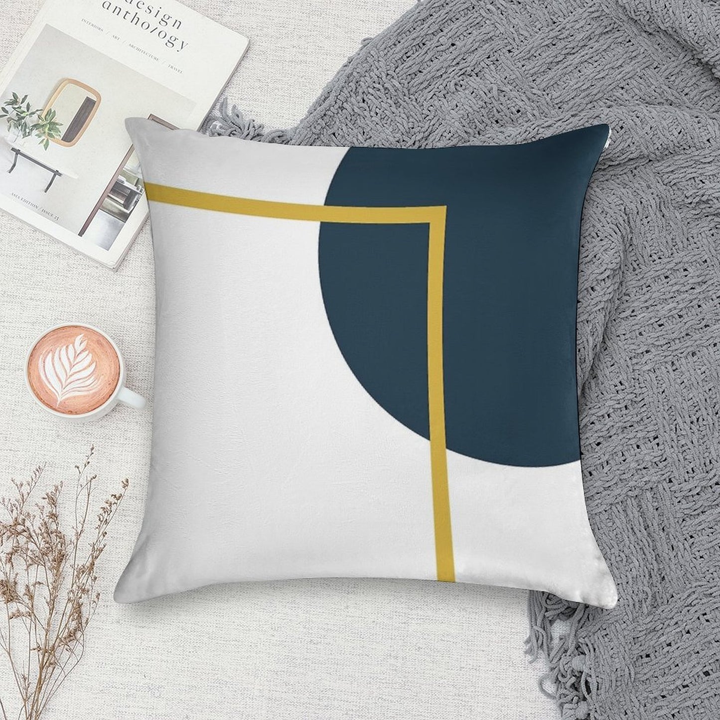Abstract Geometric Minimalist Navy Blue, Light Mustard Yellow, And White Soft Easy Maintenance Throw Pillow