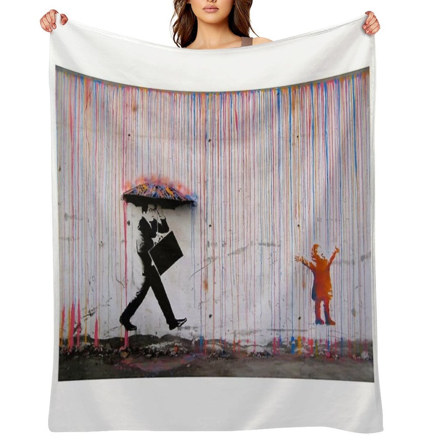 Banksy Umbrella Rainbow Happy Girl Throw Blanket