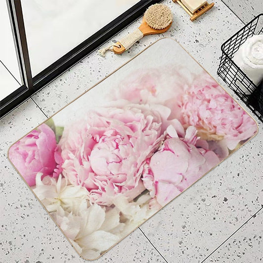 Peonies on White Bath Mat