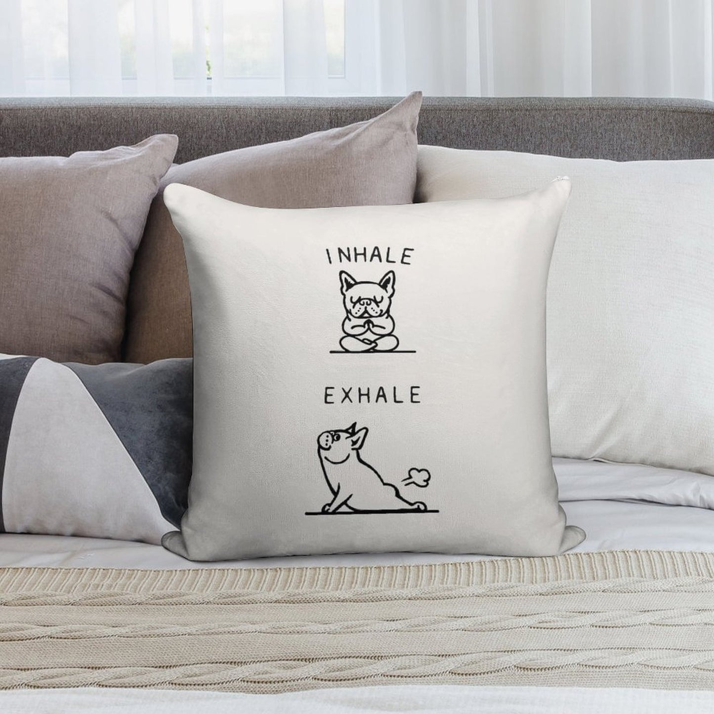 Inhale Exhale Frenchie Soft Reinforced Edging Throw Pillow