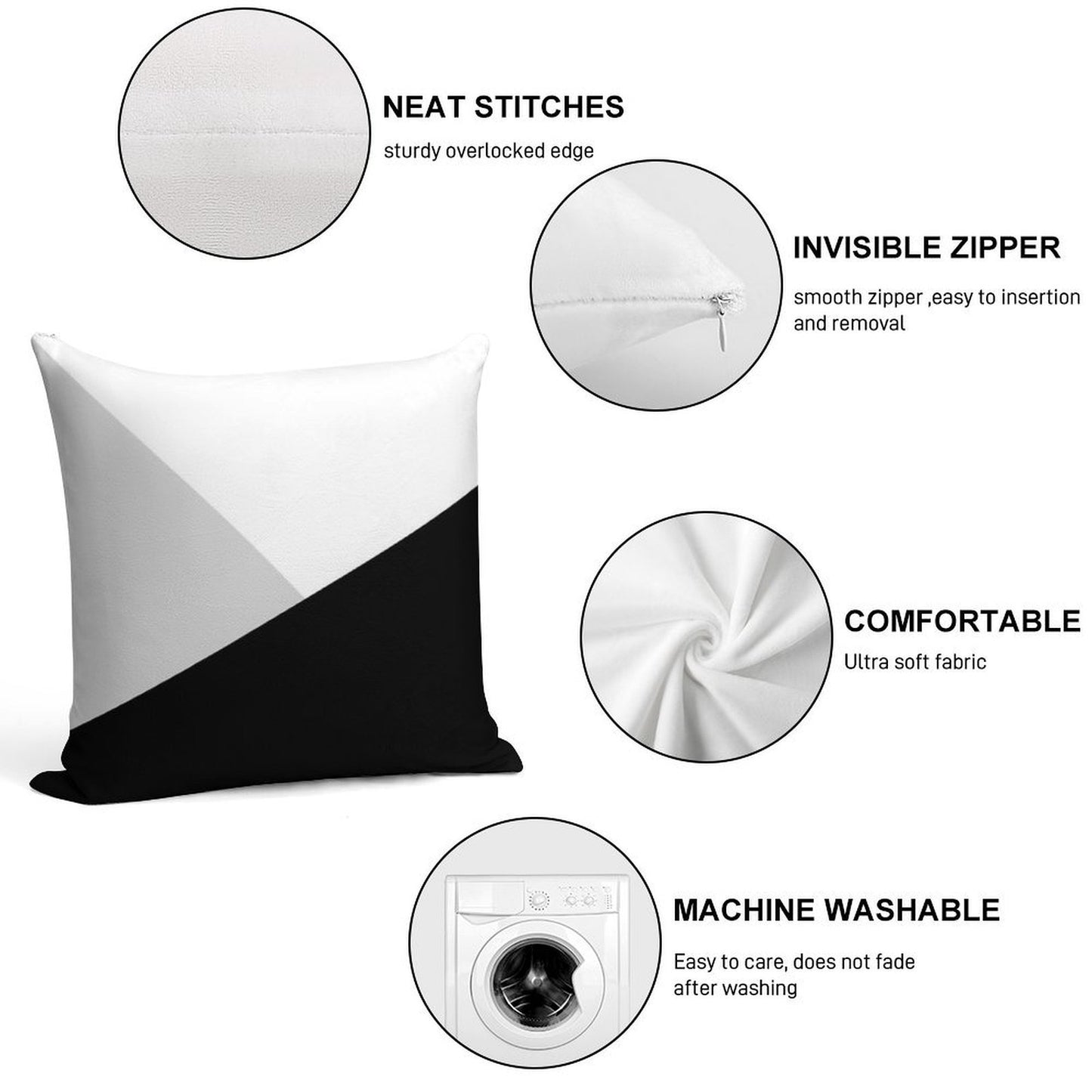 Monochromatic Black White Gray Color Block Soft Fade-Resistant Throw Pillow