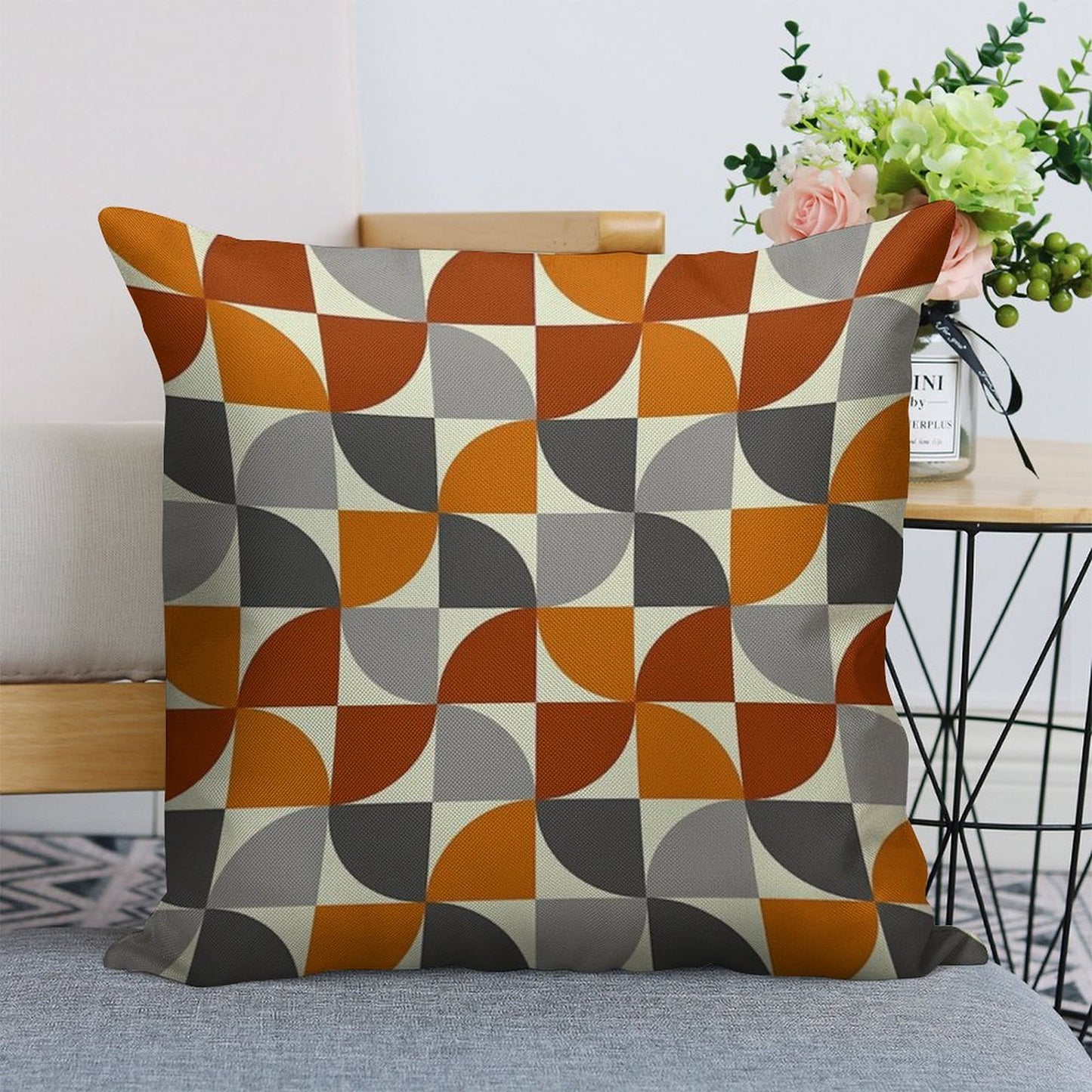 Grey And Orange Mid Century Modern Linen Throw Pillow Cover