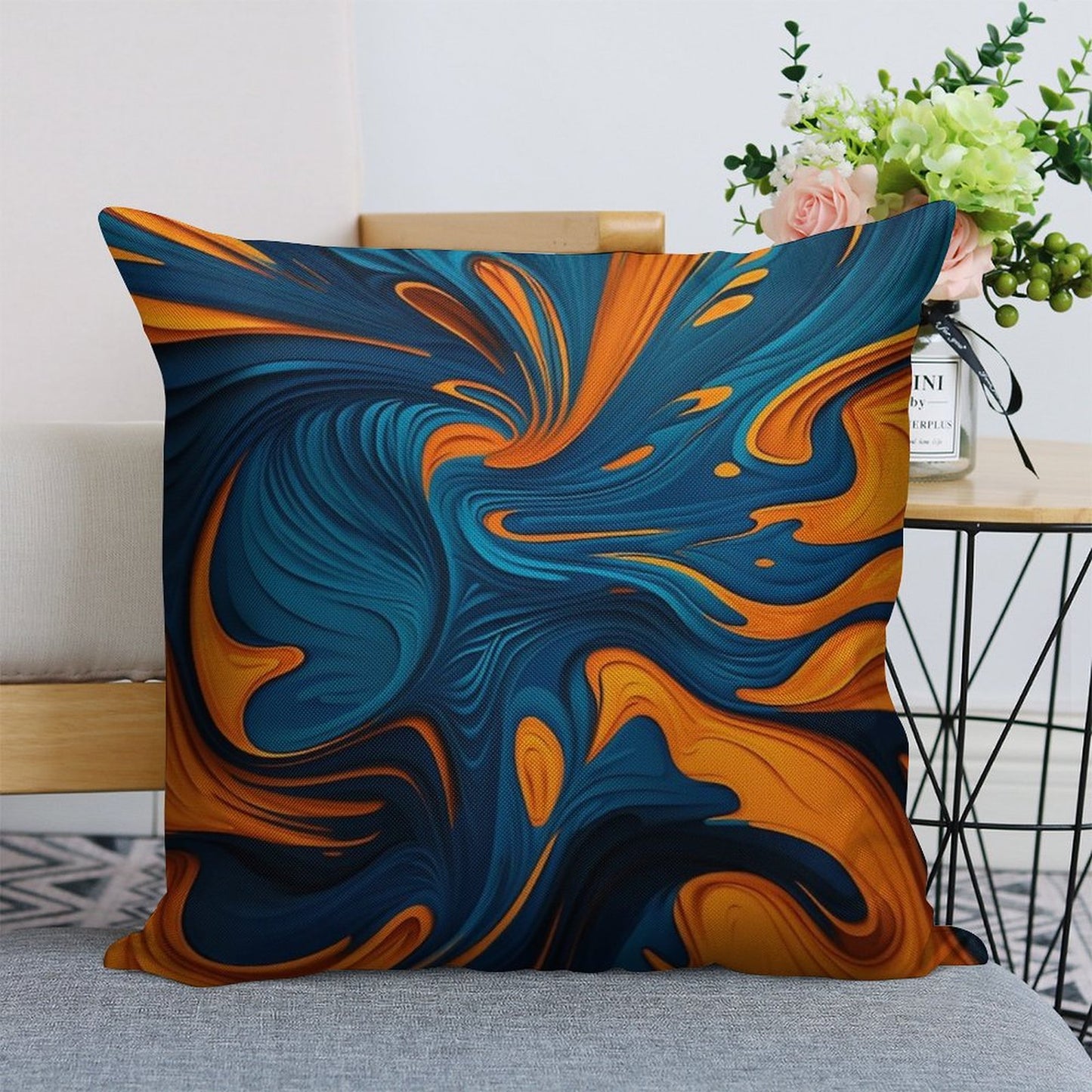 Oil Paint Orange And Blue Pattern Linen Throw Pillow Cover
