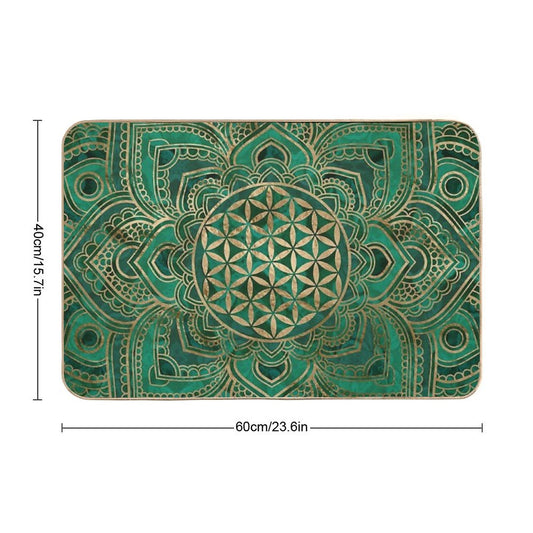Flower of Life in Lotus - Malachite And Gold Bath Mat