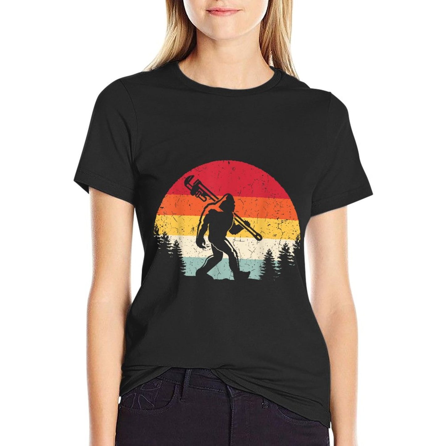 Vintage Bigfoot Plumber Pipe Wrench Funny Sasquatch Plumbing T-Shirt