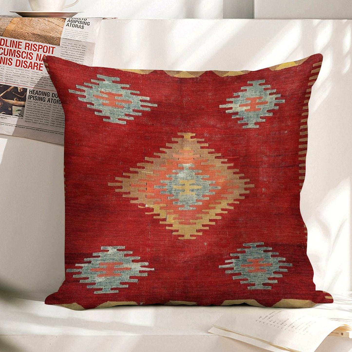 Çal Antique Turkish Kilim Print Linen Throw Pillow Cover