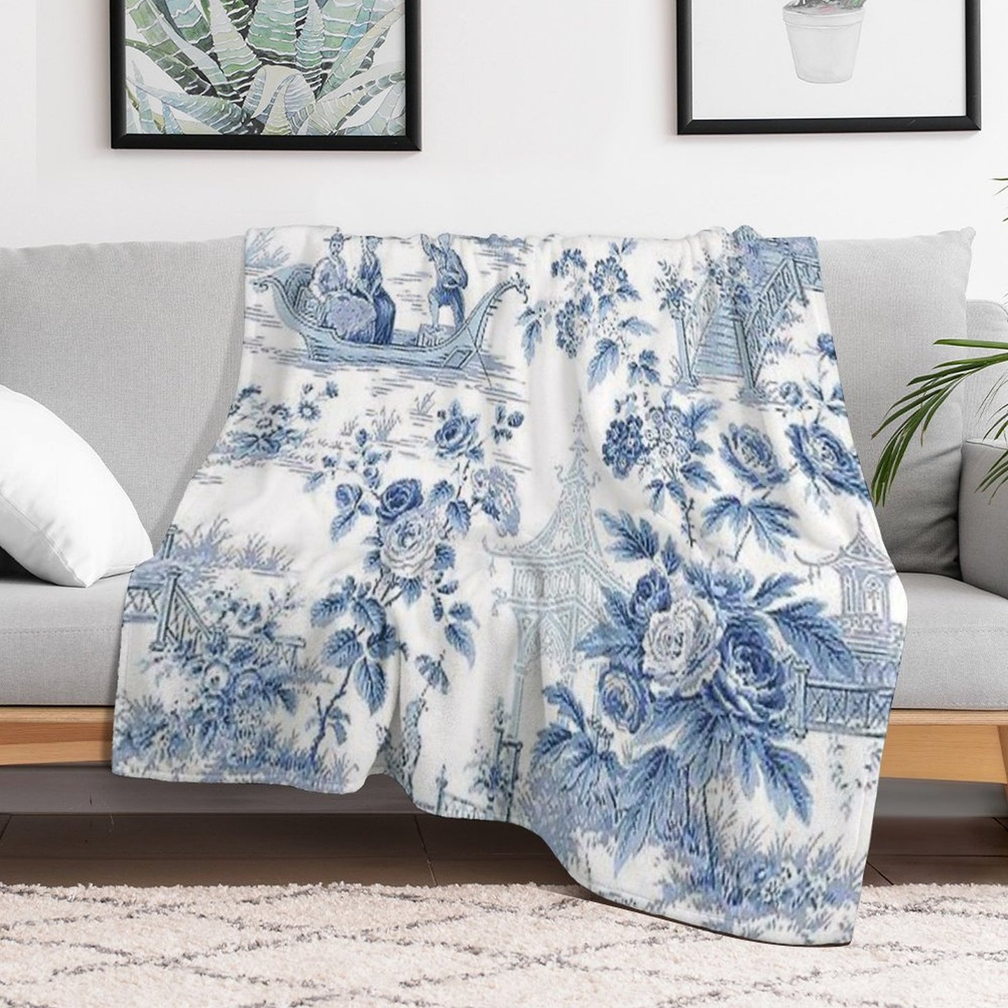 Powder Blue Chinoiserie Toile Throw Blanket