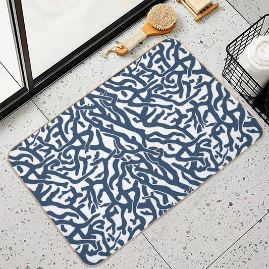 Coral Reef Pattern Navy Blue White Coastal Beach House Bath Mat