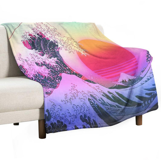 Great Wave Off Kanagawa Vaporwave Retro Aesthetic Throw Blanket