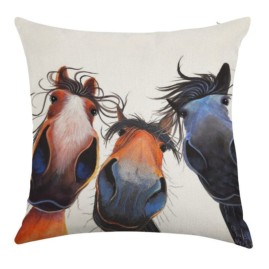 HaPPY HoRSe PRiNT ' WHo LeFT THe GaTe OPeN  ' BY SHiRLeY MacARTHuR Linen Throw Pillow Cover