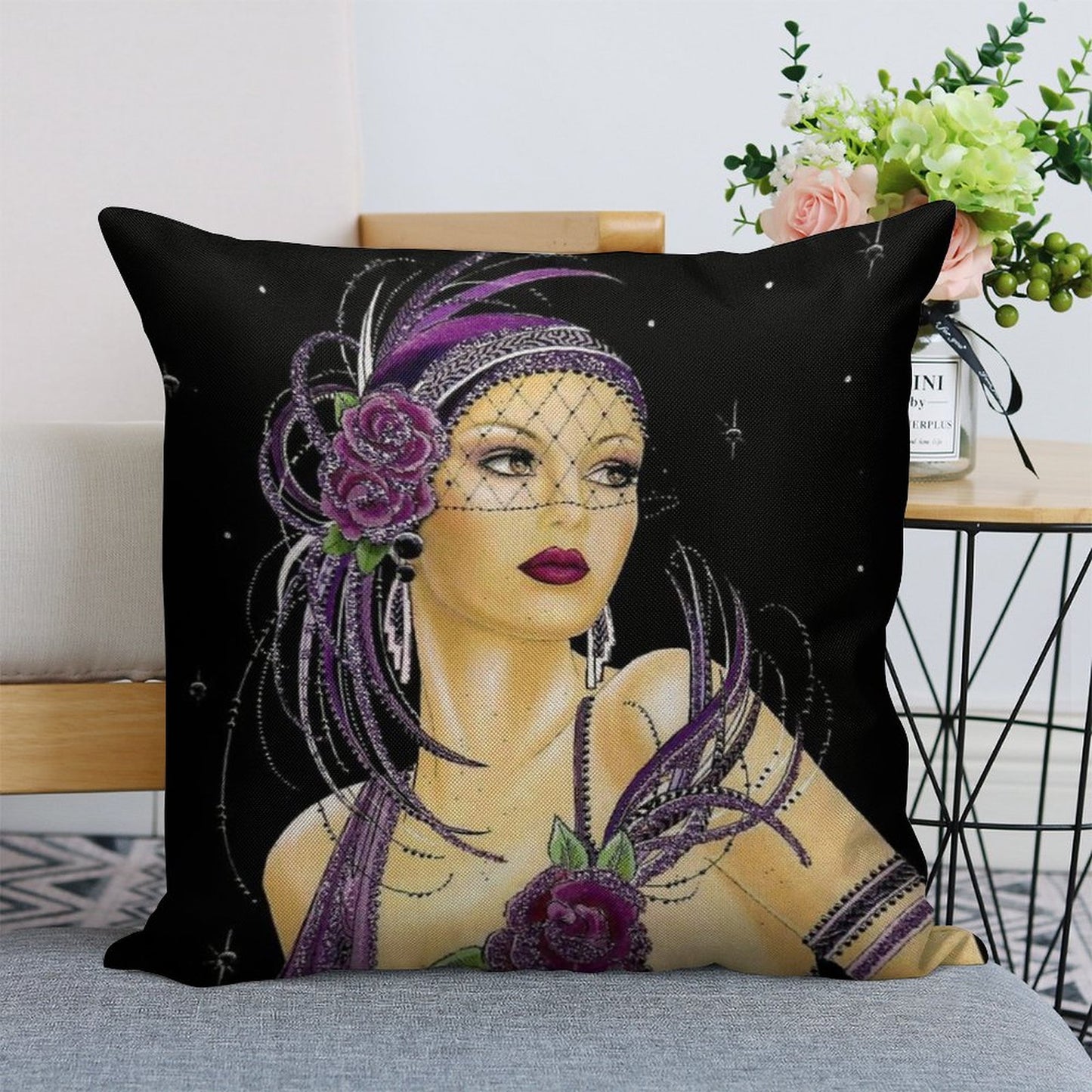 FLAPPER  Vintage 1930 Art Deco Print Linen Throw Pillow Cover