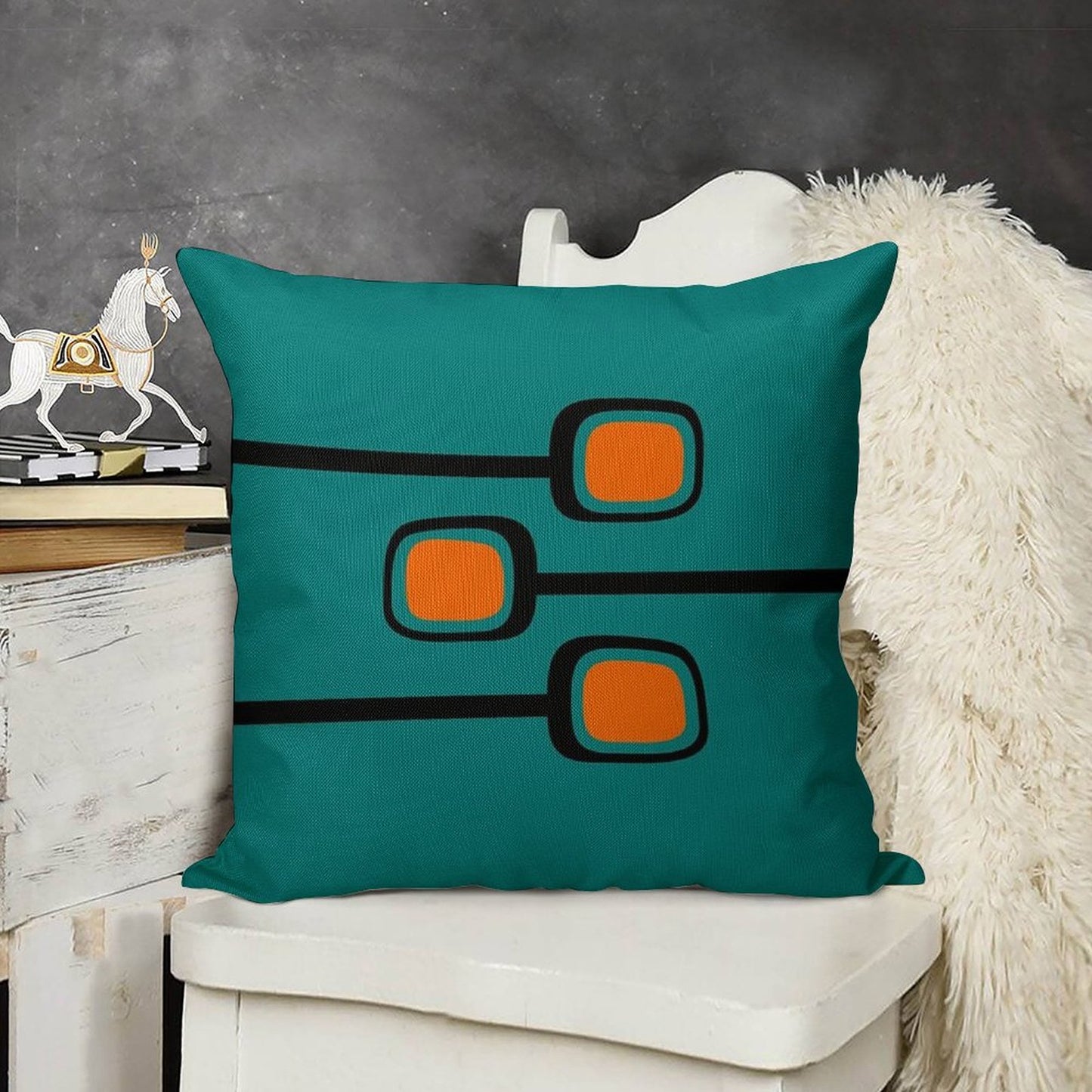 Retro Branches Black And Orange on Teal Mid Century Modern Print Linen Throw Pillow Cover
