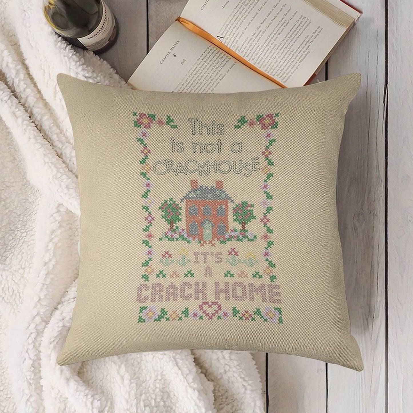 A Crack Home - Cross Stitch Embroidery Linen Throw Pillow Cover