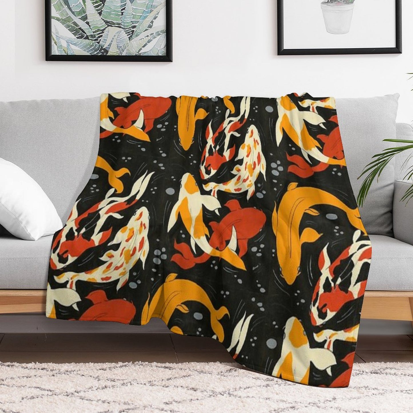 Koi in Black Water Throw Blanket