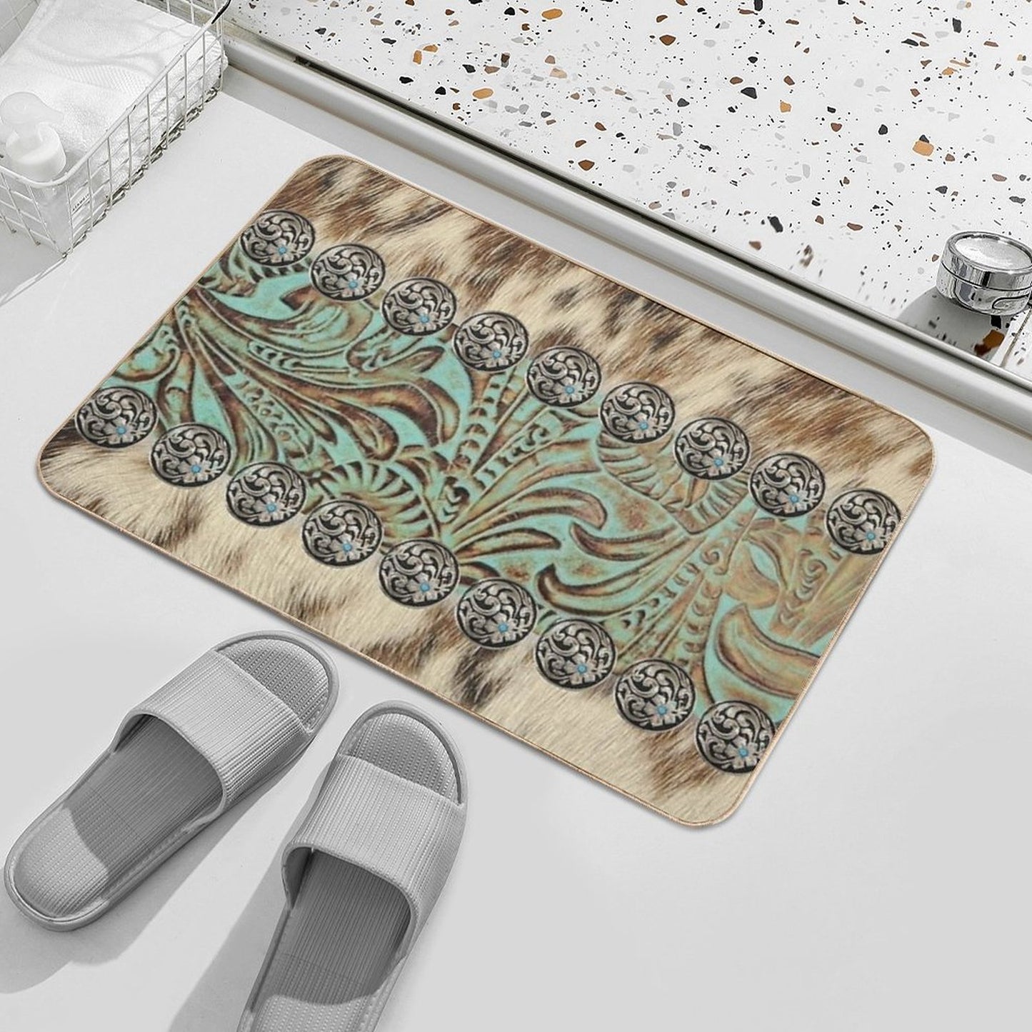 Rustic Brown Beige Teal Western Country Cowboy Fashion Bath Mat