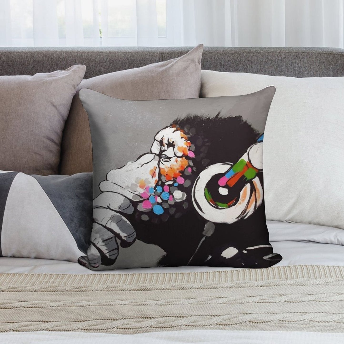 Banksy DJ Monkey Thinker with Headphones Soft Skin-Friendly Throw Pillow