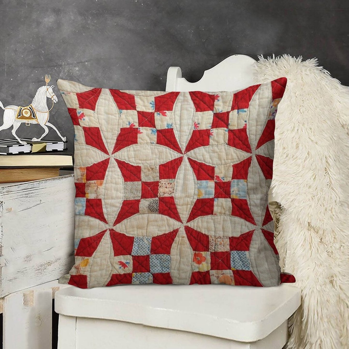 Vintage Patchwork Quilt in Red And White Linen Throw Pillow Cover