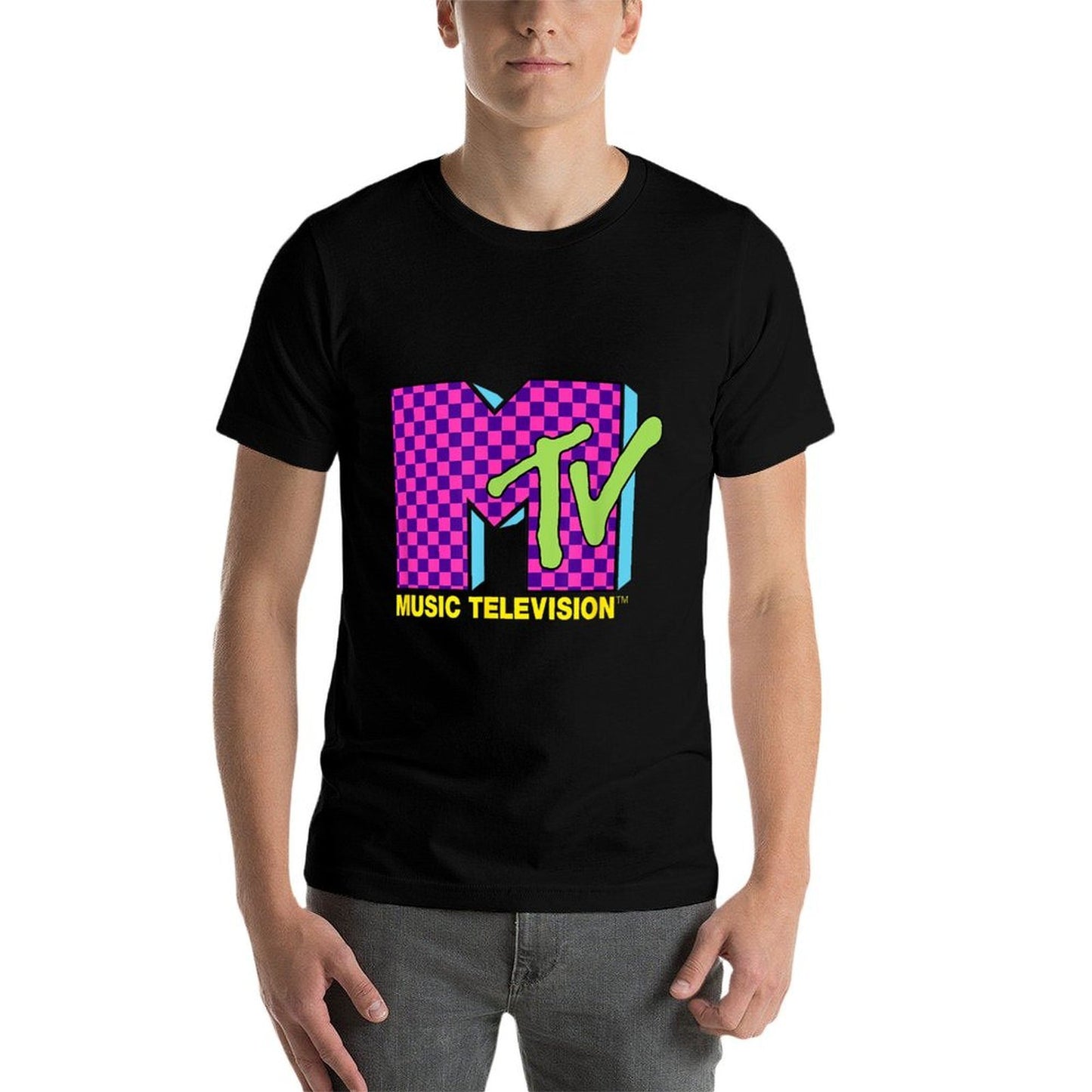 MTV Music Television Retro 80's Neon Pink Checkerboard Logo Breathable T-Shirt