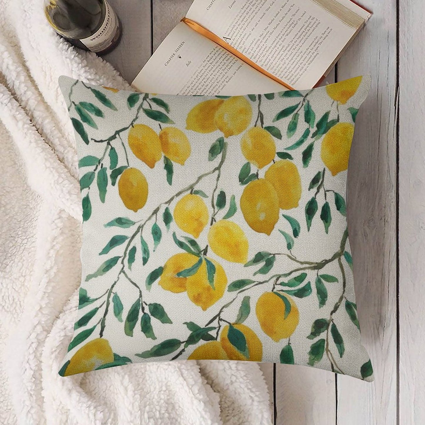 Hand Painted Watercolor Yellow Lemon Pattern Linen Throw Pillow Cover