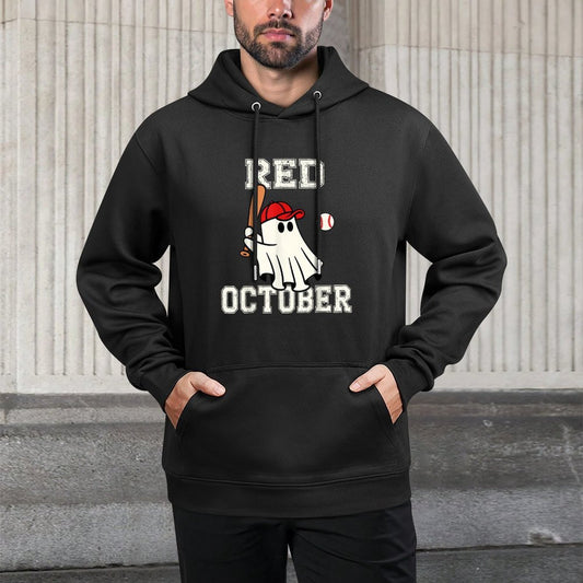 Funny in October We Wear Red Halloween Ghost Baseball Machine Washable Hoodie