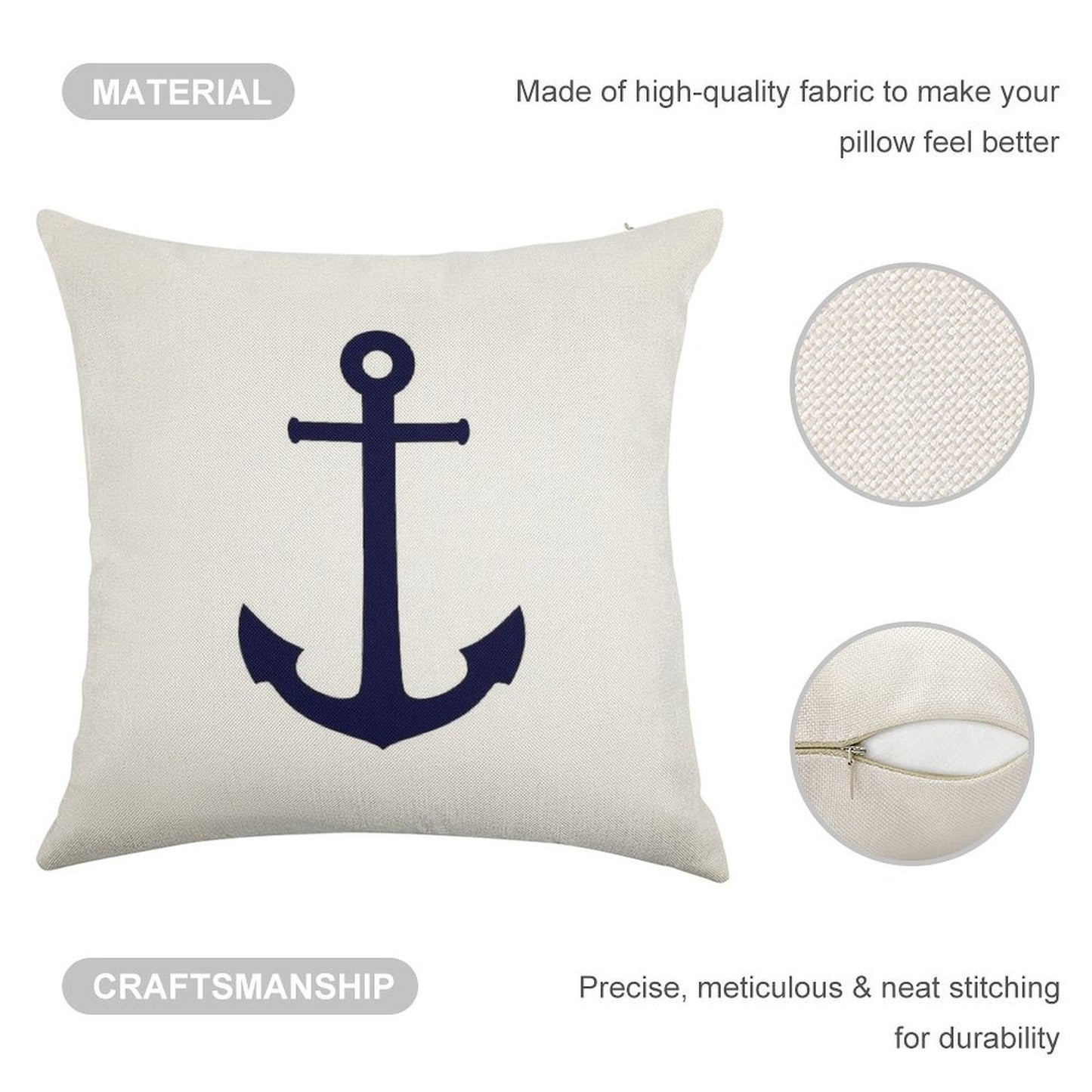 Navy Blue Anchor On White Linen Throw Pillow Cover