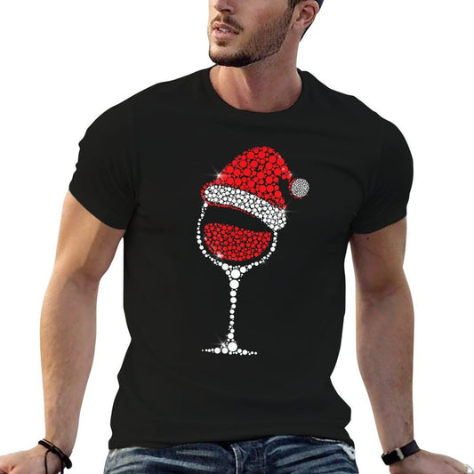 Christmas Pajama Glass of Wine Costume Santa Hat Xmas Breathable T-Shirt