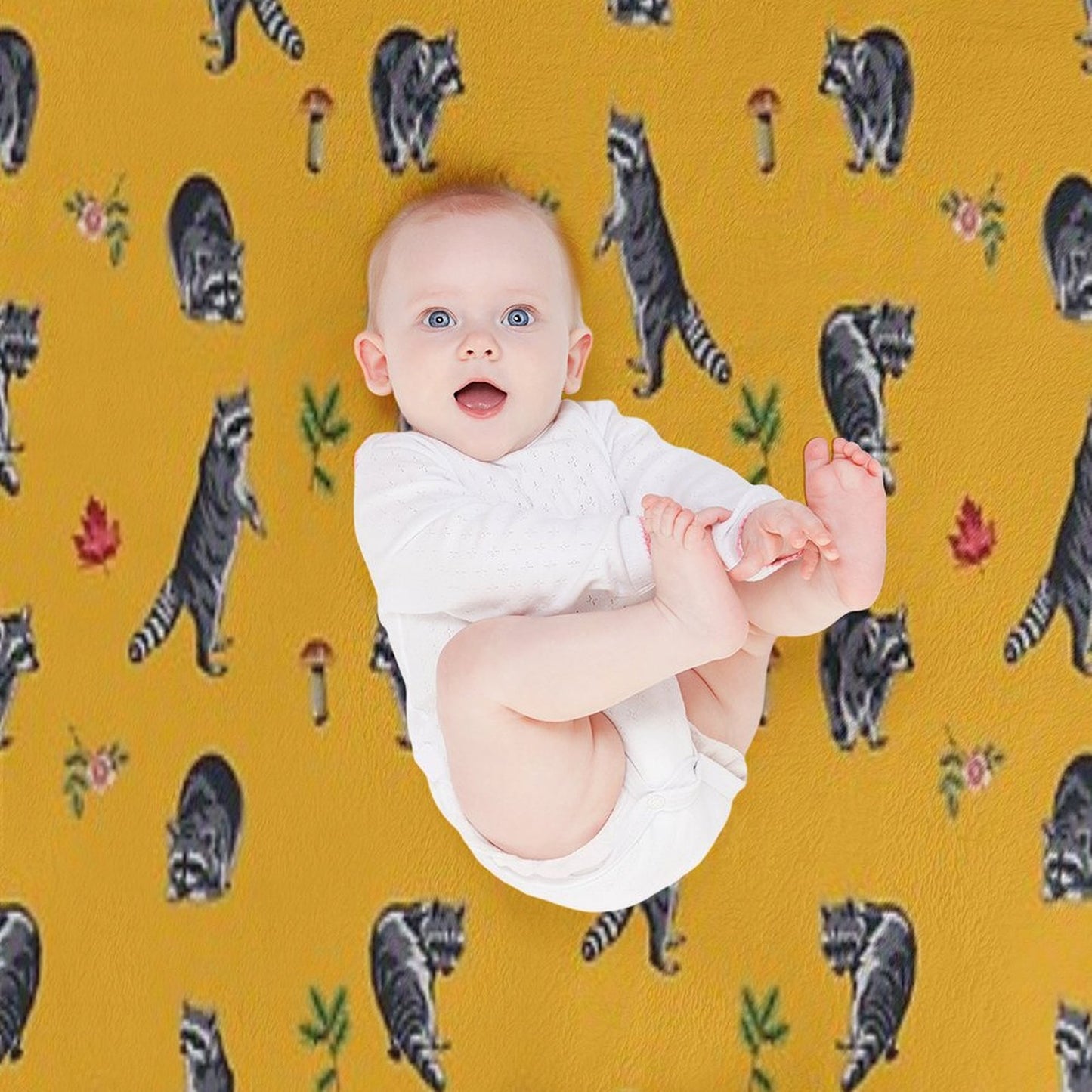 Mustard Raccoon Pattern Throw Blanket