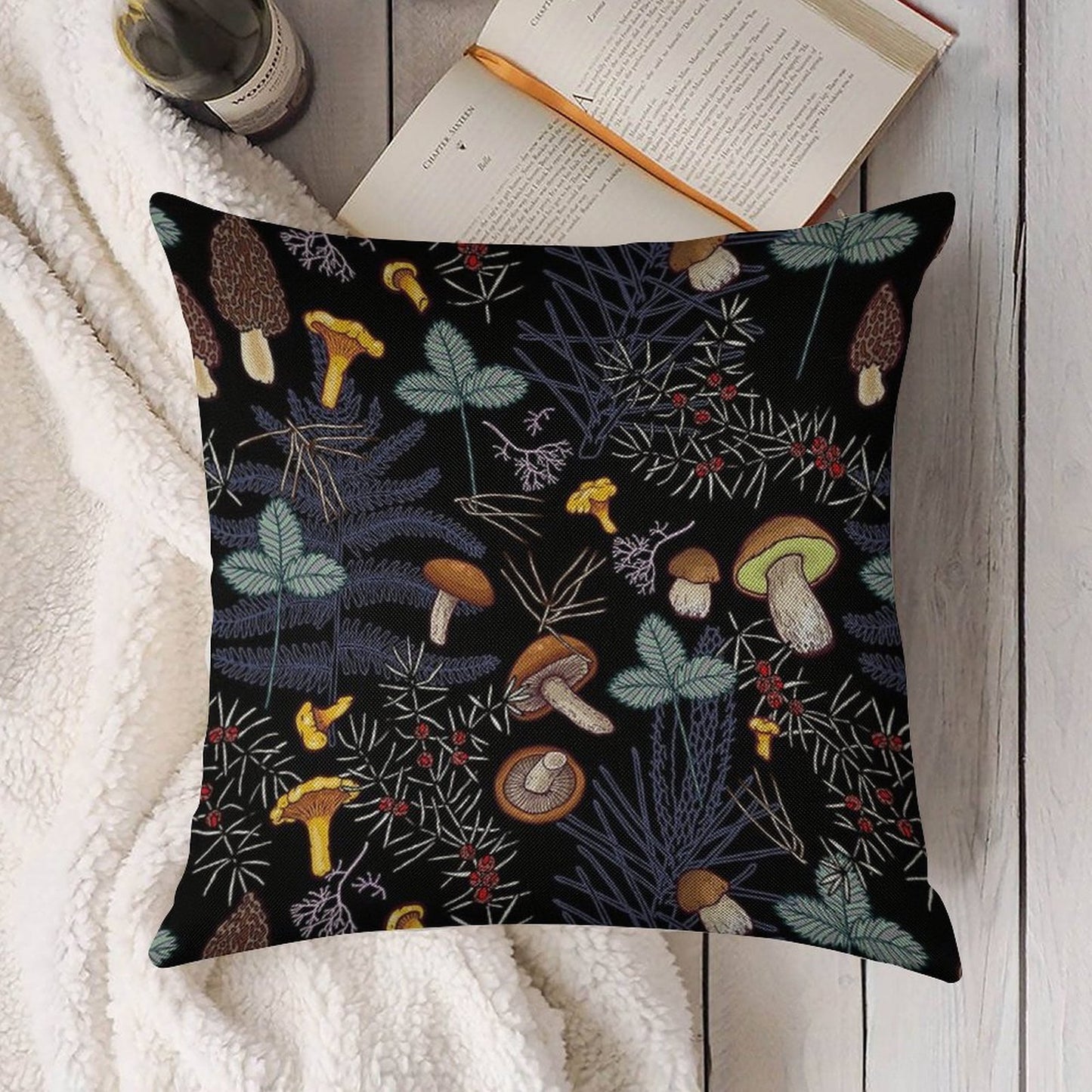 Dark Wild Forest Mushrooms Linen Throw Pillow Cover