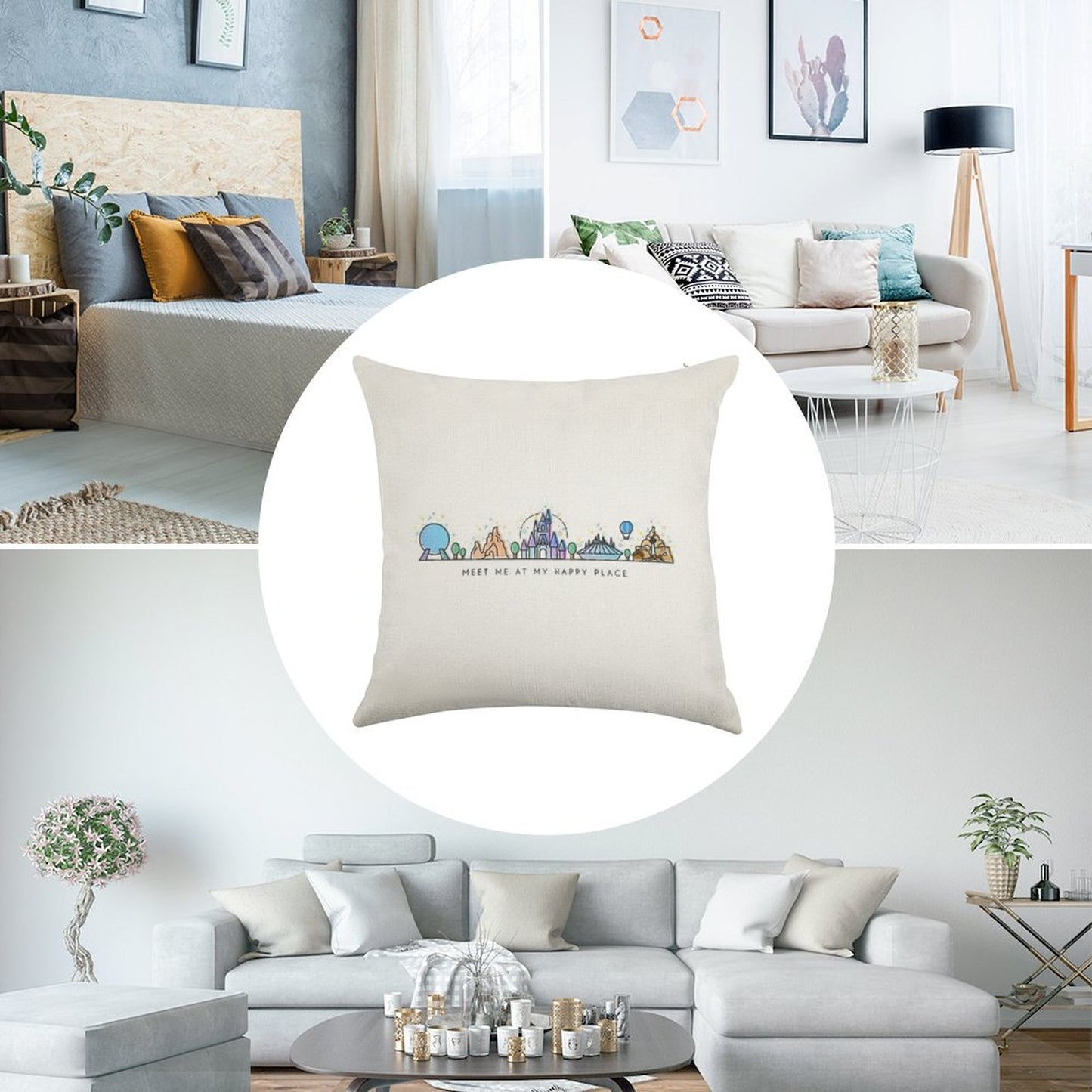 Meet Me at My Happy Place Vector Orlando Theme Park Illustration Design Linen Throw Pillow Cover