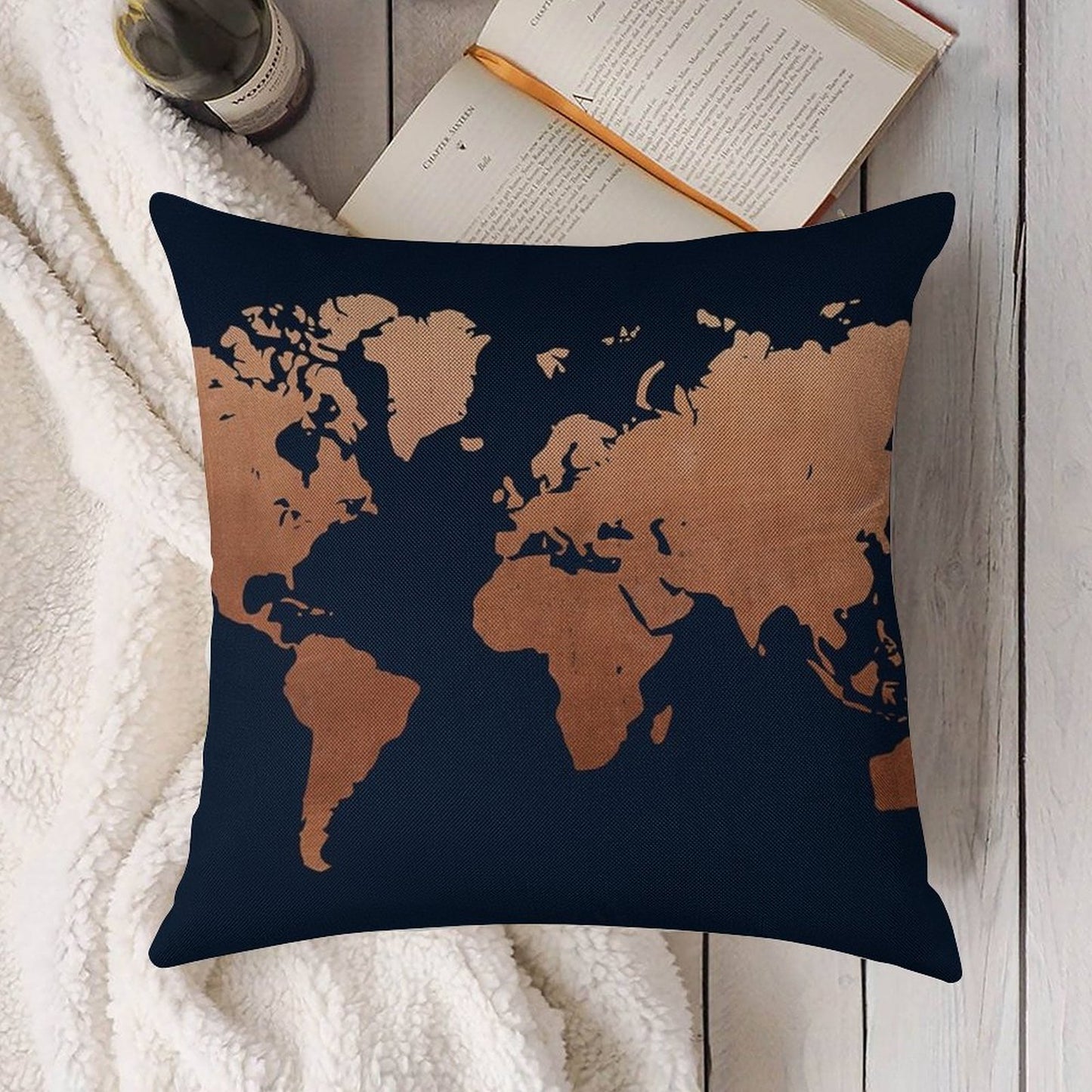 World Map - Navy Blue And Copper Linen Throw Pillow Cover