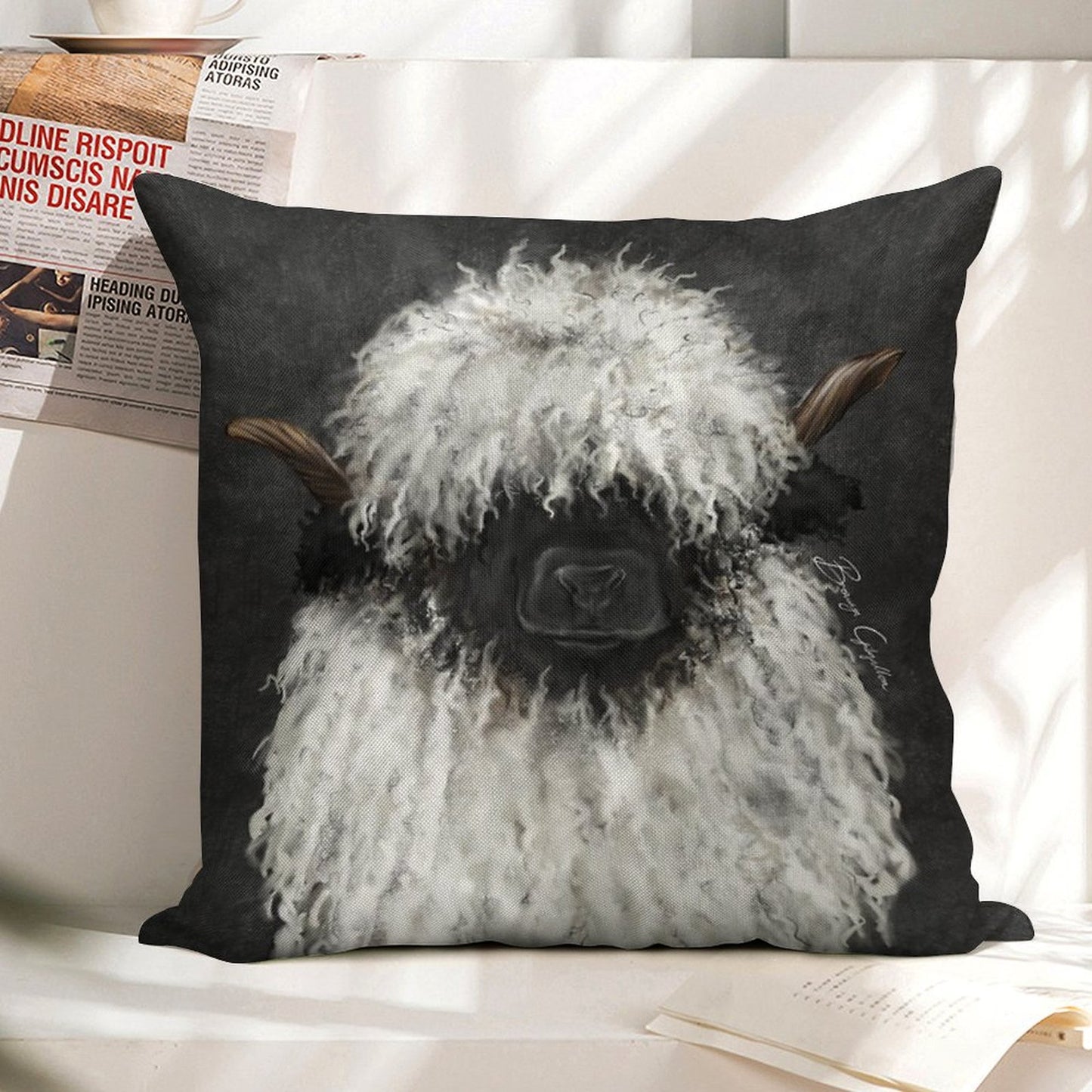 Bo Sheep. Valais Blacknose Sheep. Linen Throw Pillow Cover