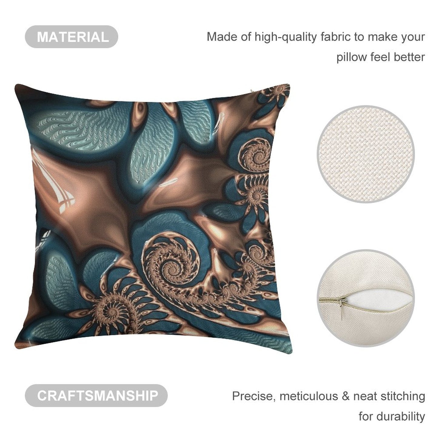 Teal And Chocolate Swirl - Blue Brown Fractal Spirals Linen Throw Pillow Cover