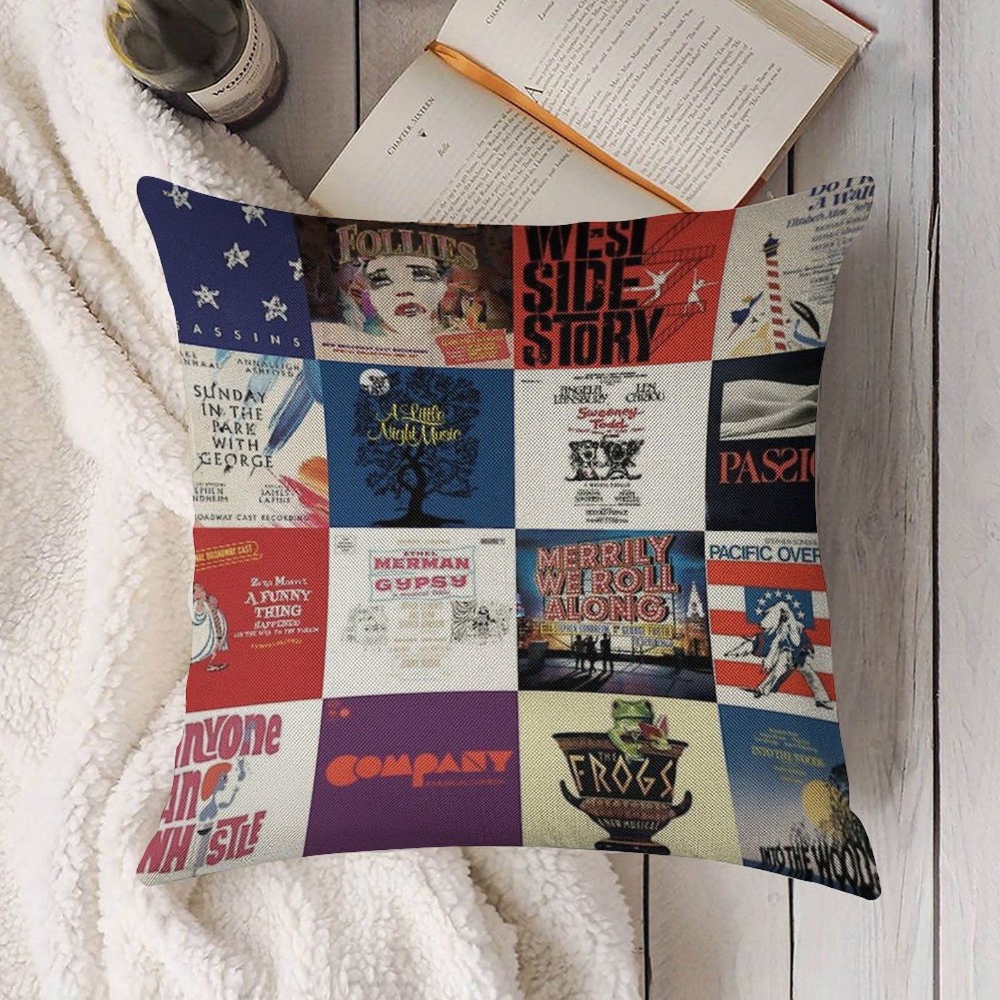 Sondheim Collage Linen Throw Pillow Cover