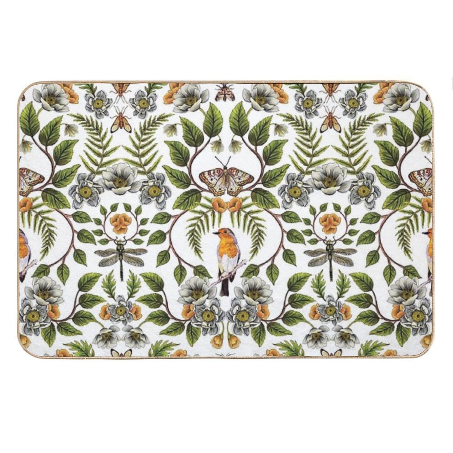 Spring Reflection - FloralBotanical Pattern W Birds, Moths, Dragonflies & Flowers Bath Mat