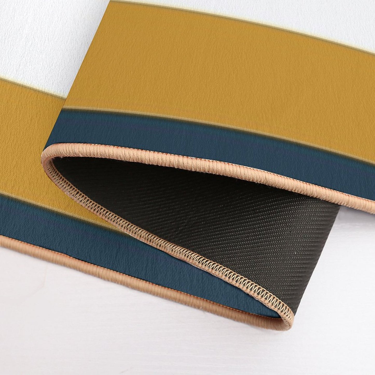 Broad Stripes Pattern in Light And Dark Mustard Yellow, Grey, White, And Navy Blue Bath Mat