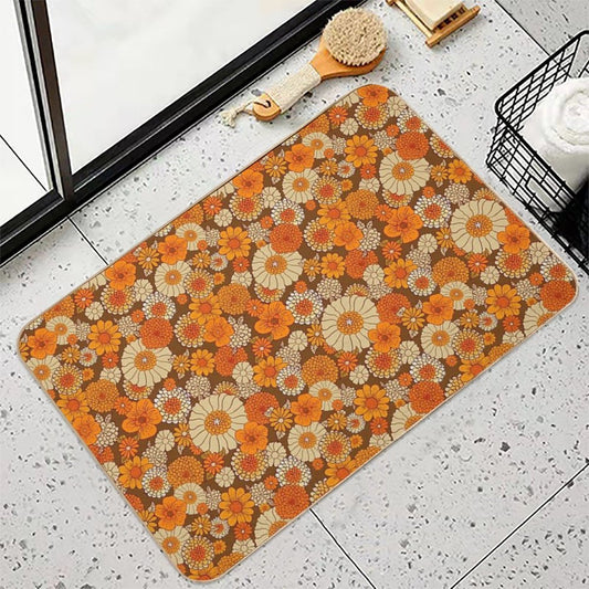 70s Retro Daisies, Vintage Flower Power, Orange And Brown, Boho, Bath Mat