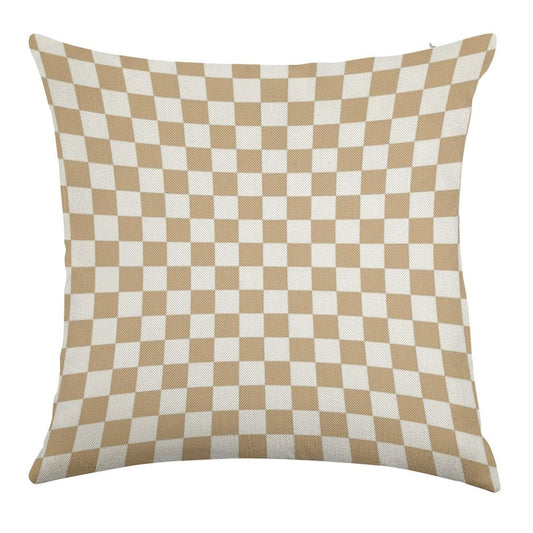 White And Tan Brown Checkerboard Linen Throw Pillow Cover