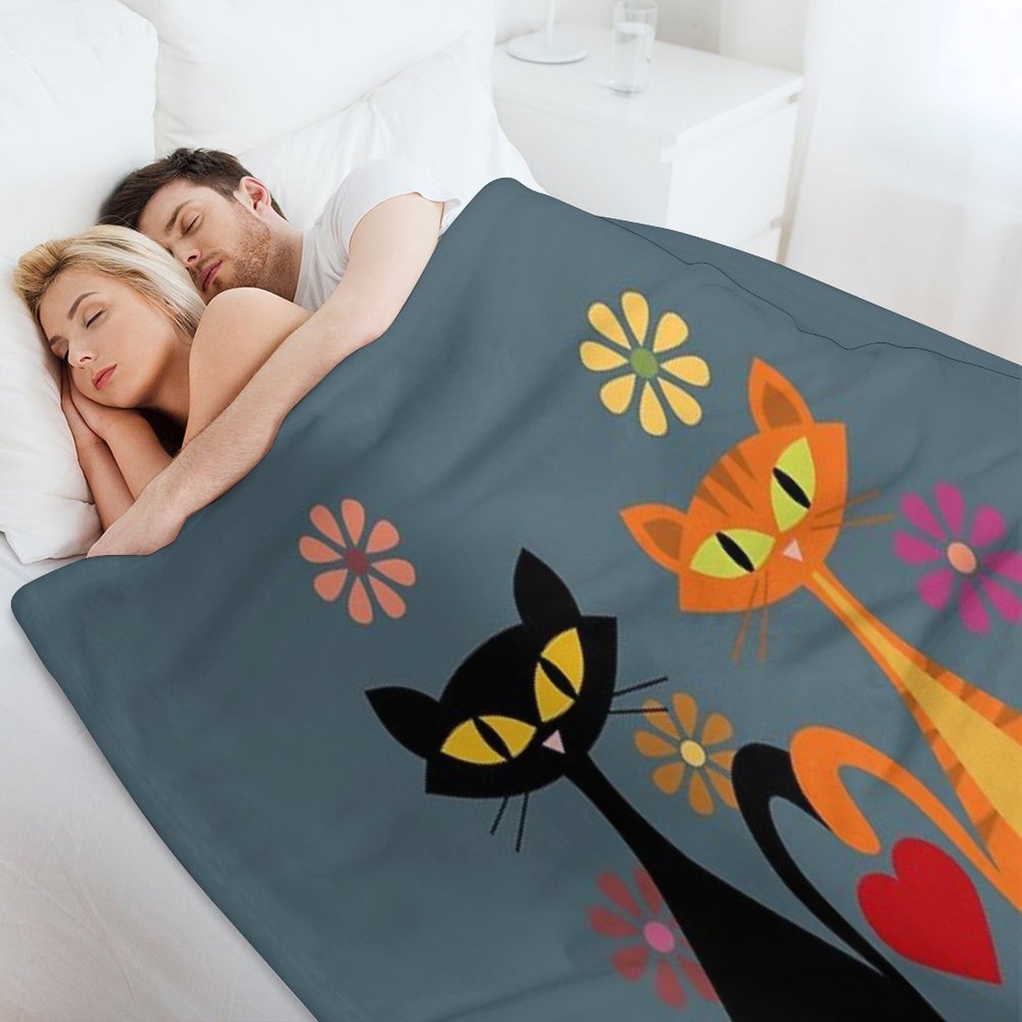 Mid Century Orange And Black Cats in Love Throw Blanket